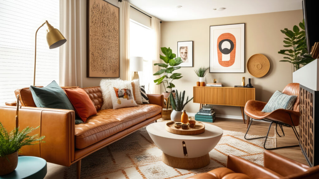 Living Room Mid Century Style With Warm Colors. Ai Generative